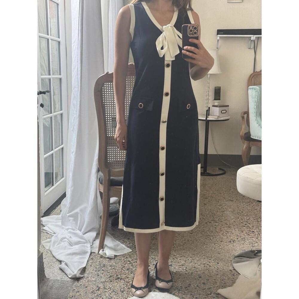 NWT Nicole Miller Sz Small Navy Blue Midi Dress Button Front Bow Tie Classy